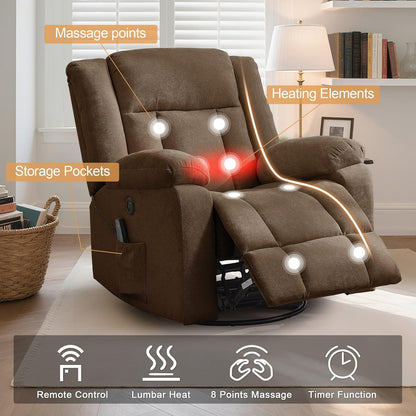 Rocker Recliner, Glider Recliner Chairs For Adults, 360 Degree Swivel Rocking Chair With Massage And Heating