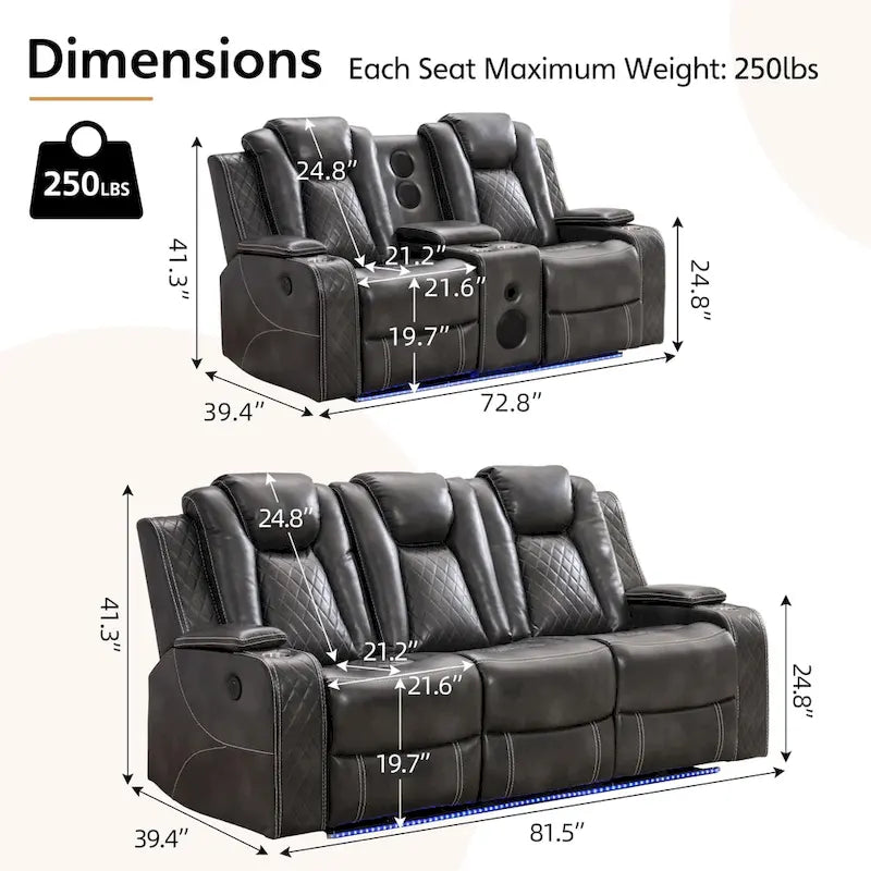 Power Reclining Sofa With Wireless Charger, Reading Light For Living Room, Faux Leather LED Light, AC/USB Port, Cup Holder, Black