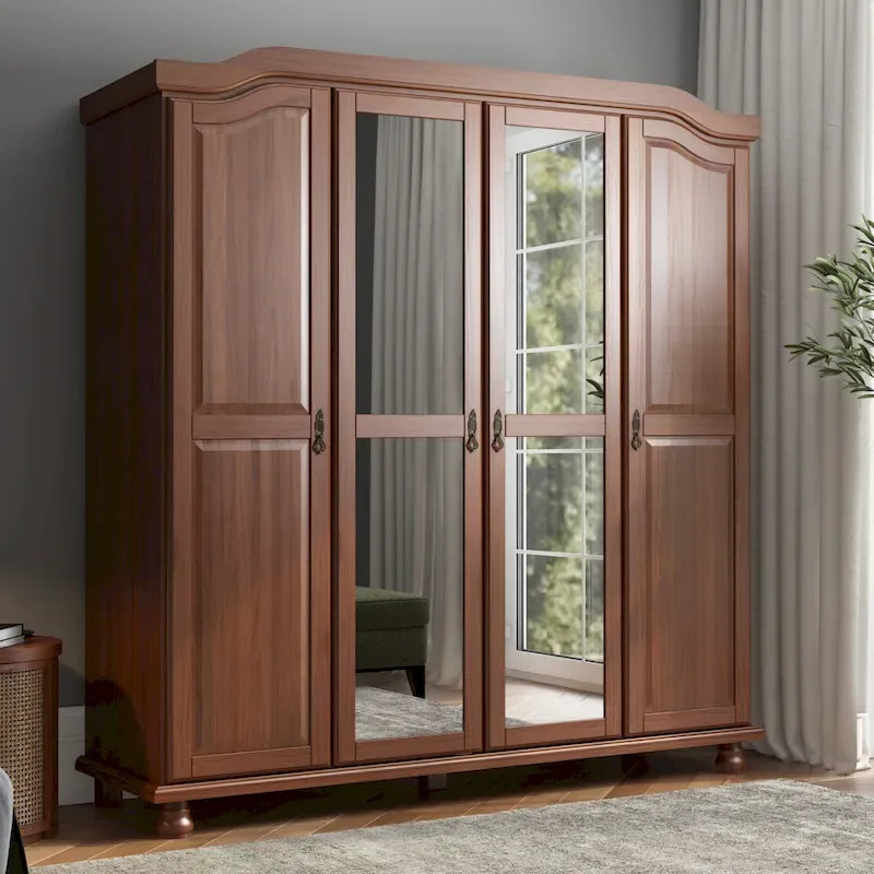 Palace Imports 100% Solid Wood Kyle 4-Door Wardrobe Armoire With Solid Wood Or Mirrored Doors