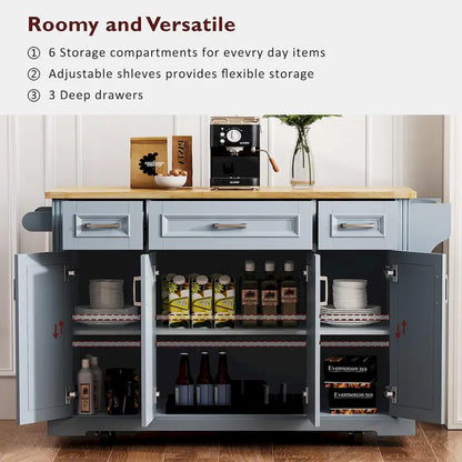 54 Large Kitchen Island With Rubber Wood Drop Leaf, Embossed Texture Rolling Kitchen Cart On 4 Wheels With 4 Doors And 3 Drawers