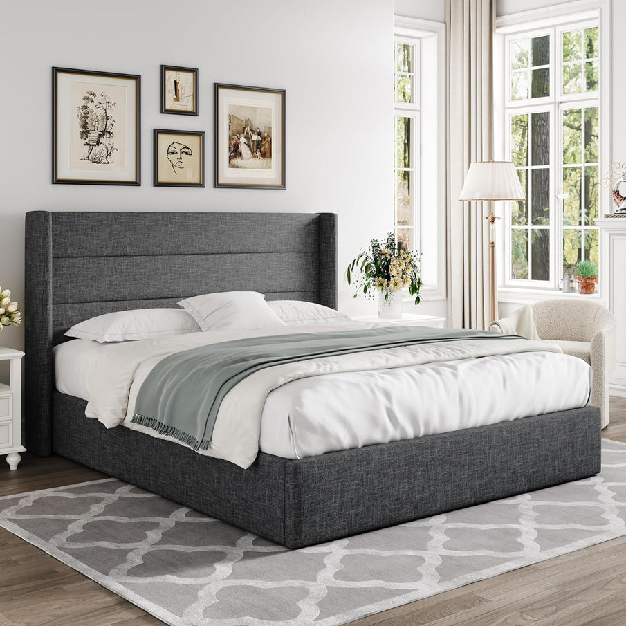Allewie Queen Size Lift Up Storage Bed, Modern Wingback Headboard, Hydraulic Support, No Box Spring Needed, Light Beige