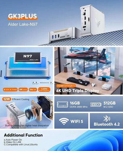 Kamrui GK3Plus Mini PC, 16GB Ram, 512GB M.2 SSD Mini Computer