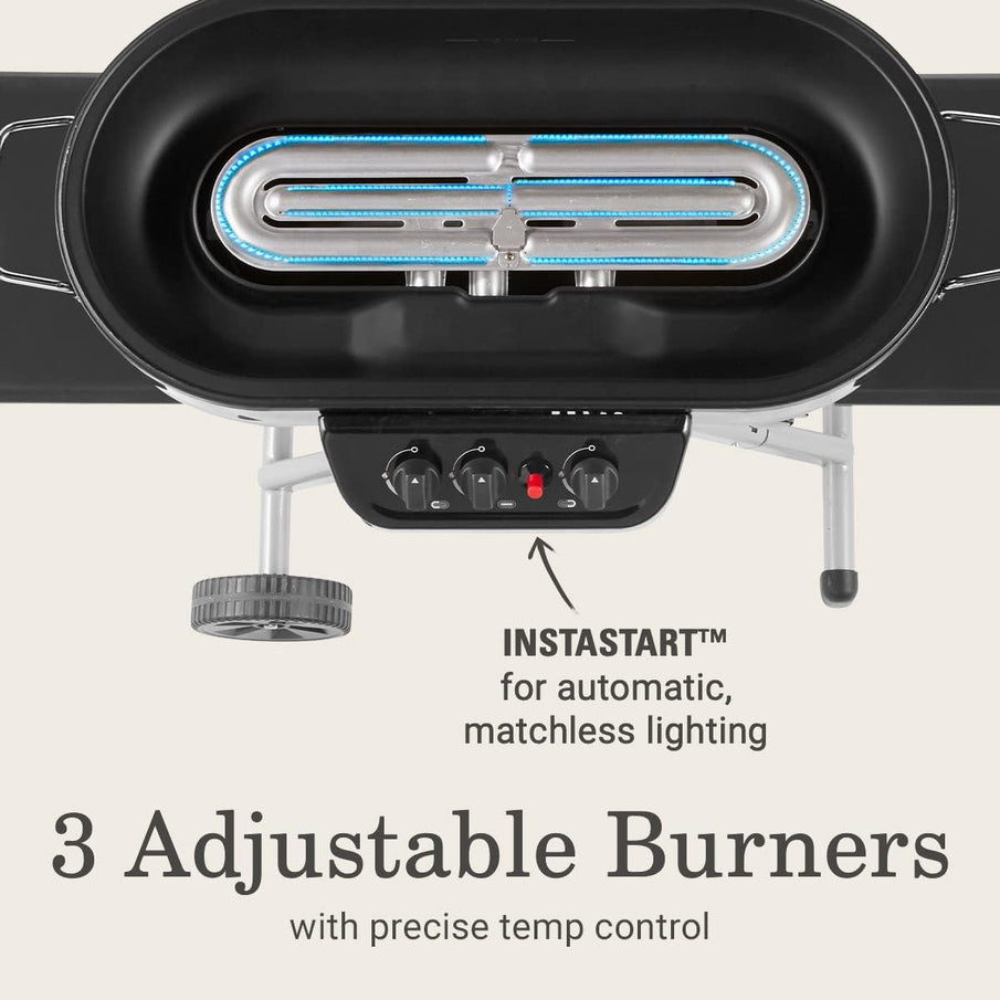 RoadTrip Portable Stand-Up Propane Grill With 3 Adjustable Burners And Instastart Ignition, 20,000 BTUs Of Power For Outdoor Cooking