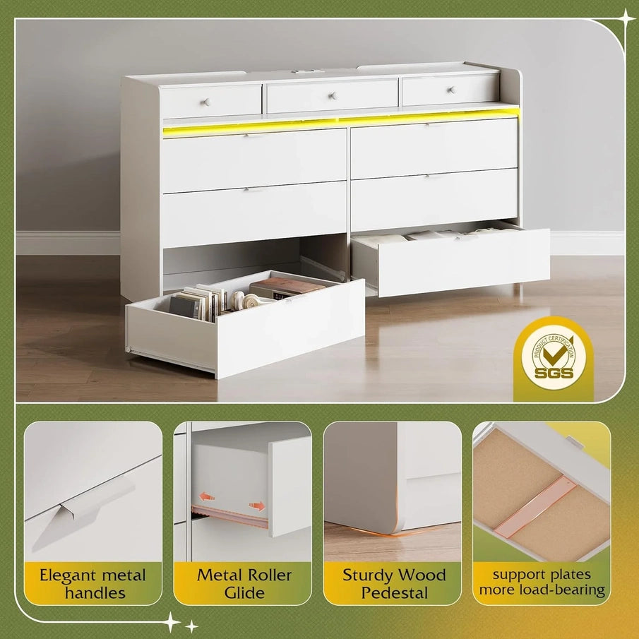 9 Drawer LED Dresser For Bedroom, 58.35 In. Wide Wood Dresser Storage Organizer With Power Outlets For 65 In. TV, Dressers With Open Shelves