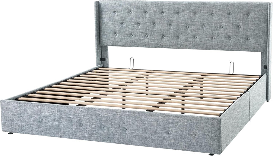Allewie Queen Size Lift Up Storage Bed, Modern Wingback Headboard, Hydraulic Support, No Box Spring Needed, Light Beige