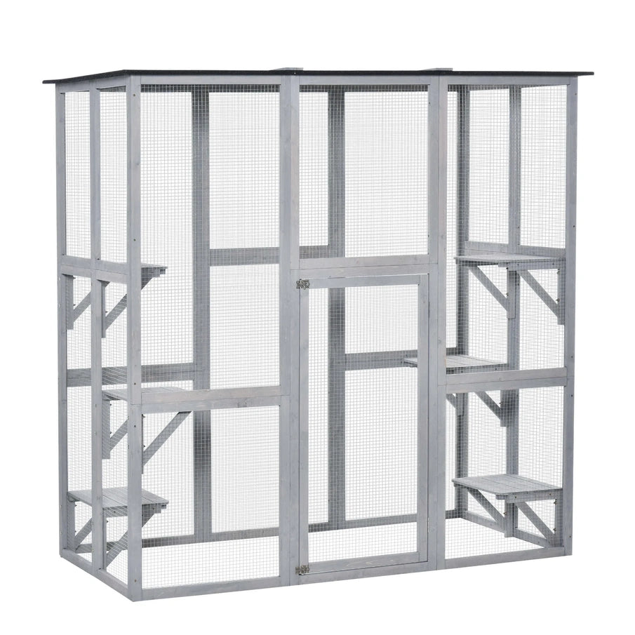 PawHut Wooden Catio Enclosure With Weather Protection, 6 Platforms, Outdoor, Large, 71 In. x 38.5 In. x 71 In