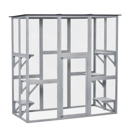 PawHut Wooden Catio Enclosure With Weather Protection, 6 Platforms, Outdoor, Large, 71 In. x 38.5 In. x 71 In
