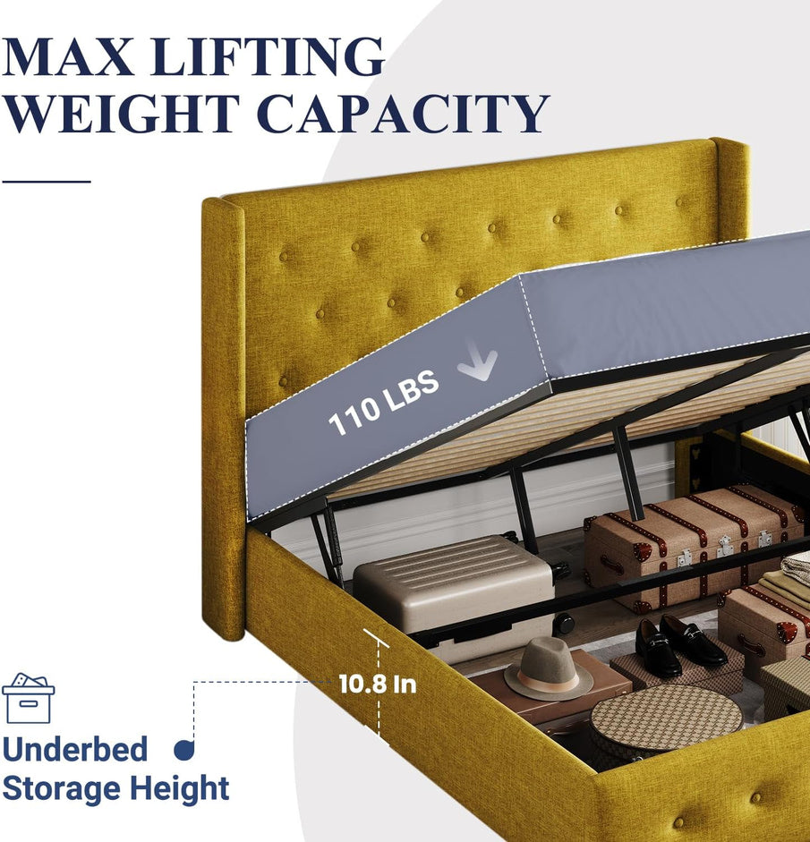 Allewie Queen Size Lift Up Storage Bed, Modern Wingback Headboard, Hydraulic Support, No Box Spring Needed, Light Beige