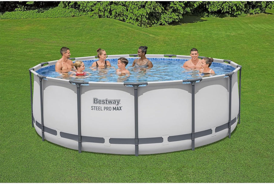 Steel Pro MAX 14 Ft. x 48 In. Round Metal Frame Above Ground Outdoor Swimming Pool Set With 1,000 Filter Pump, Ladder, And Cover, Gray