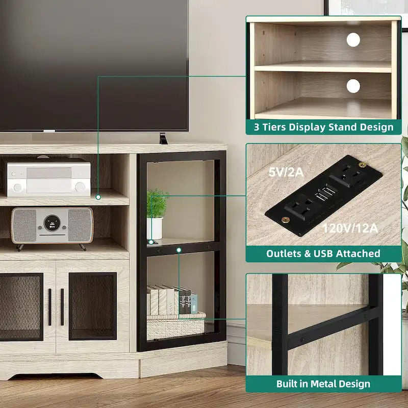 Farmhouse Corner TV Stand Entertainment Center Media Console For TVs Up To 55 With Power Outlet