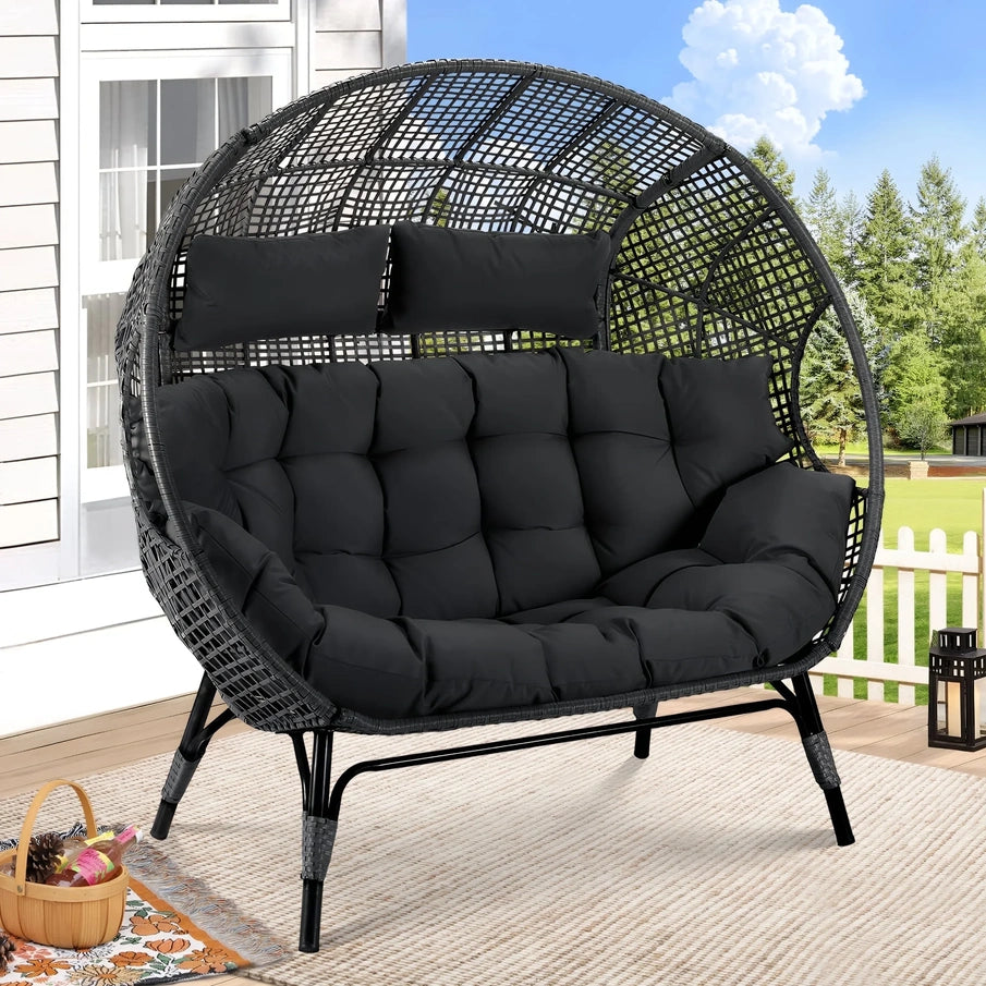 Radiata Double Egg Chair For 2 Person, Oversized Wicker Loveseat With Thick Cushions, 680 Lbs Capacity