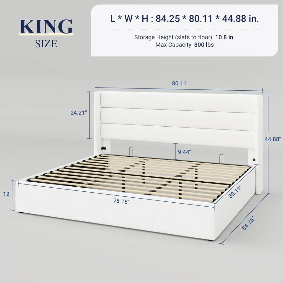 Allewie Queen Size Lift Up Storage Bed, Modern Wingback Headboard, Hydraulic Support, No Box Spring Needed, Light Beige