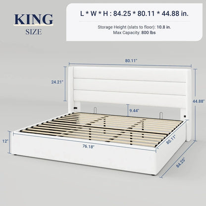Allewie Queen Size Lift Up Storage Bed, Modern Wingback Headboard, Hydraulic Support, No Box Spring Needed, Light Beige