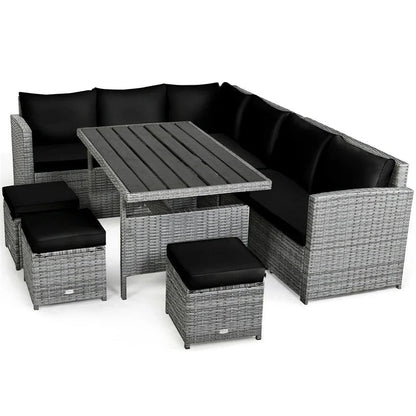 7 Pcs Rattan Patio Dining Furniture Sectional Sofa Set With Dining Table, Ottomans And Cushions
