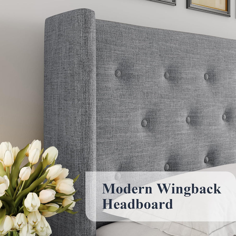 Allewie Queen Size Lift Up Storage Bed, Modern Wingback Headboard, Hydraulic Support, No Box Spring Needed, Light Beige