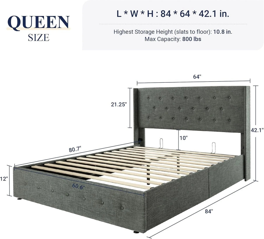 Allewie Queen Size Lift Up Storage Bed, Modern Wingback Headboard, Hydraulic Support, No Box Spring Needed, Light Beige