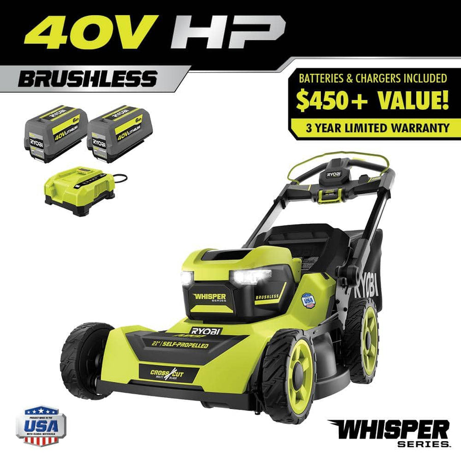 Ryobi 40V HP Brushless 21-in Self-Propelled Awd Lawn Mower, Whisper Series, Includes, 2 6.0Ah Batteries And Charger