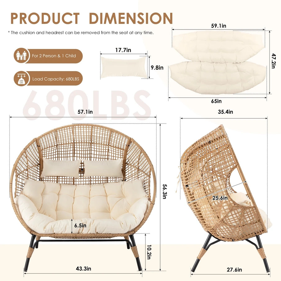 Radiata Double Egg Chair For 2 Person, Oversized Wicker Loveseat With Thick Cushions, 680 Lbs Capacity