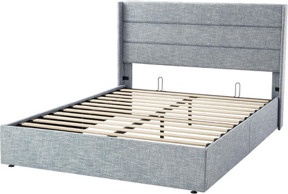 Allewie Queen Size Lift Up Storage Bed, Modern Wingback Headboard, Hydraulic Support, No Box Spring Needed, Light Beige